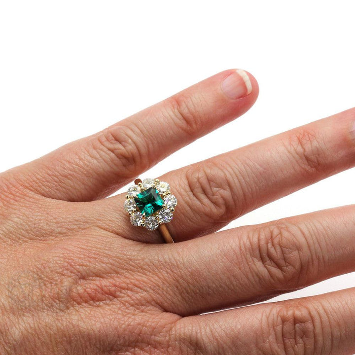 Vintage Style Emerald Ring Princess Cut Halo with Claw Prongs, Rare Earth Jewelry