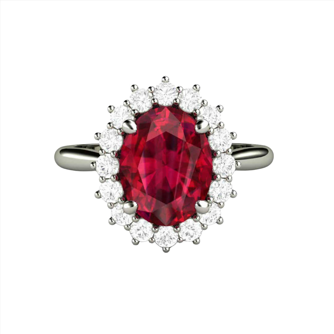 Vintage Style Ruby Engagement Ring, Oval Ruby Ring Diamond Cluster Halo, July Birthstone |  Rare Earth Jewelry