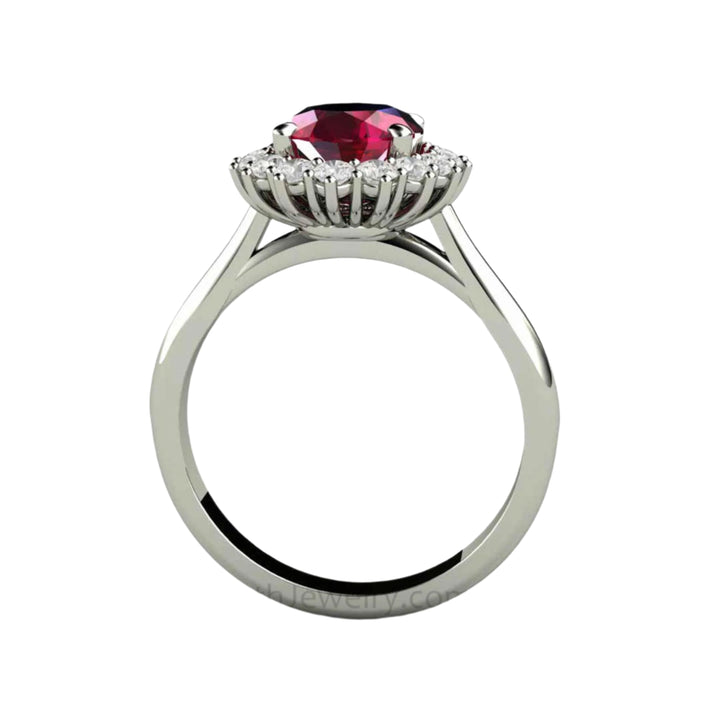 Profile View of Vintage Inspired Ruby Engagement Ring showing Decorative Oval Cluster Setting | Rare Earth Jewelry