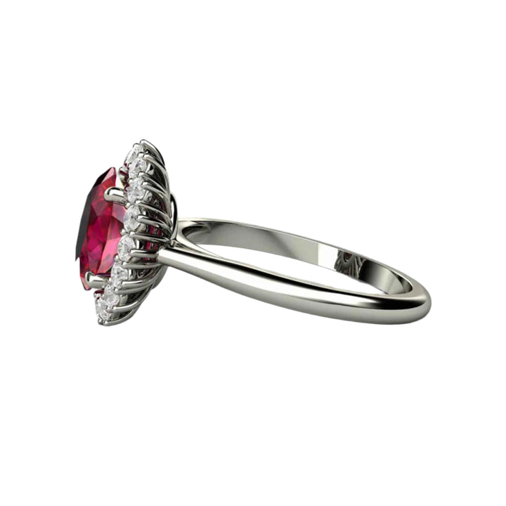 Vintage Style Ruby Engagement Ring Side View showing Decorative Gallery, Oval Ruby Ring Diamond Cluster Halo |  Rare Earth Jewelry