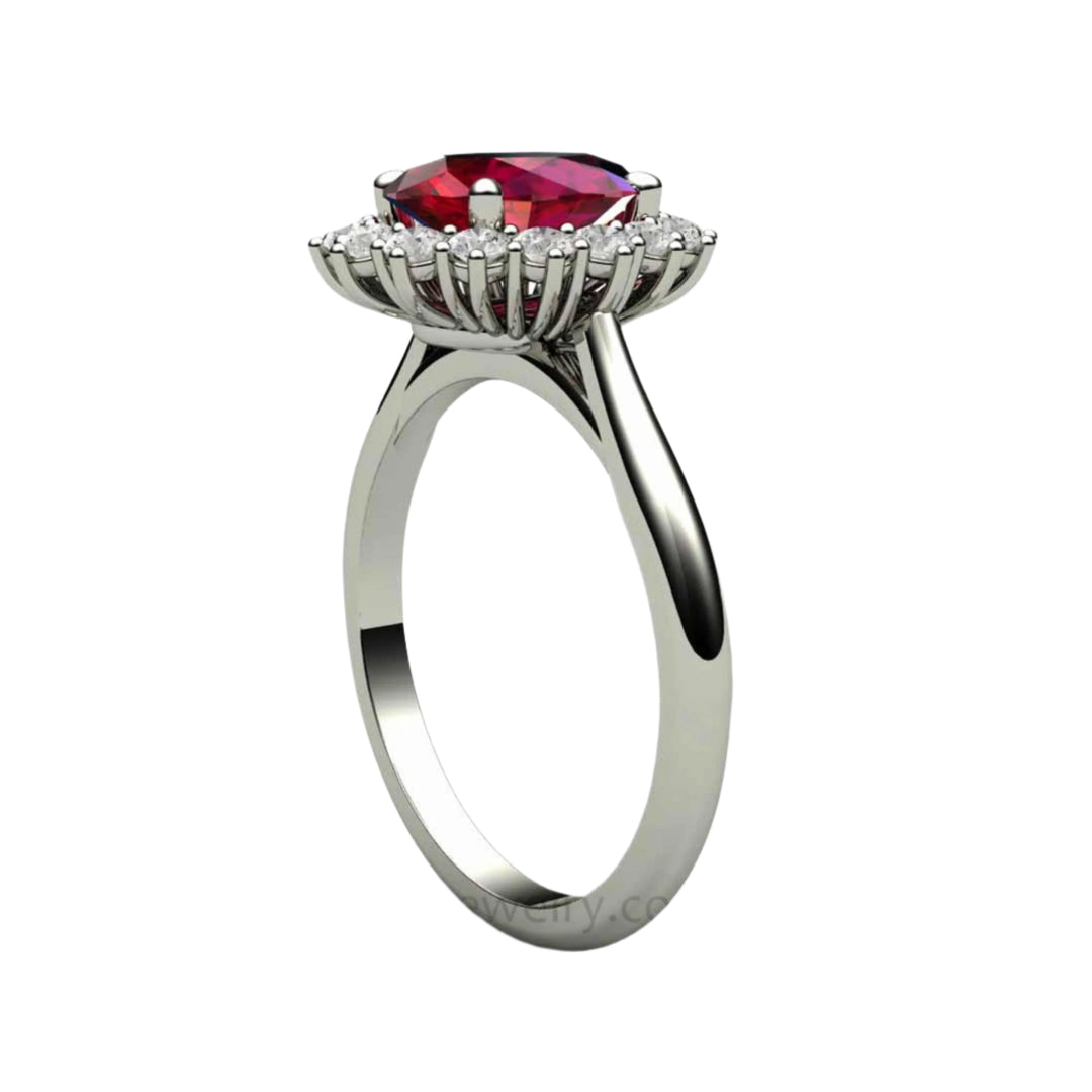 Vintage Inspired Ruby Engagement Ring, Side view of Cathedral Setting, Oval Ruby Ring Diamond Cluster Halo |  Rare Earth Jewelry