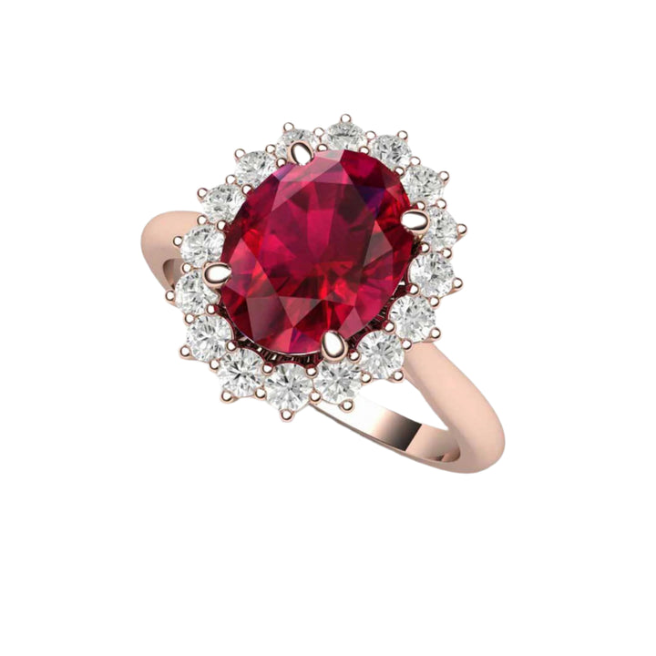 18K Rose Gold Ruby Engagement Ring Vintage Style Oval Ruby Ring, Ruby Diamond Cluster Ring | Rare Earth Jewelry