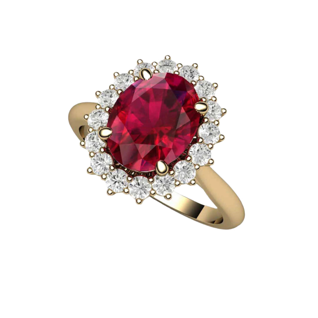 Vintage Inspired Ruby Engagement Ring, Oval Ruby and Diamond Cluster in Yellow Gold | Rare Earth Jewelry