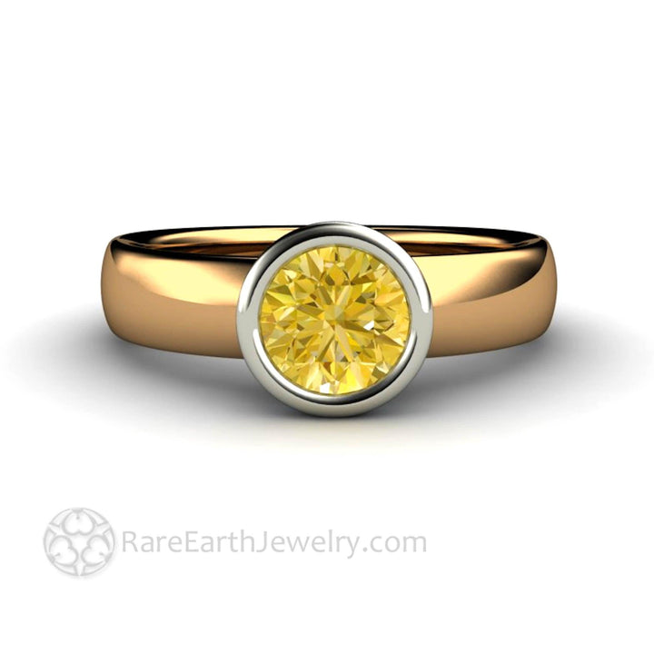 Natural Lemon Yellow Sapphire Ring | Bezel Set Solitaire with Hidden Diamond Halo, Rare Earth Jewelry