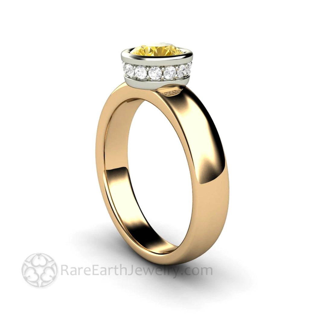 Natural Lemon Yellow Sapphire Ring | Bezel Set Solitaire with Hidden Diamond Halo, Rare Earth Jewelry