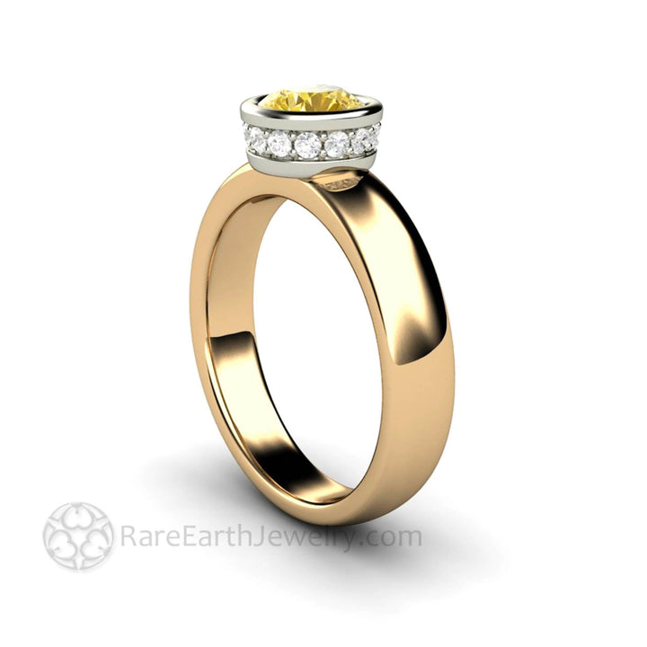 Natural Lemon Yellow Sapphire Ring | Bezel Set Solitaire with Hidden Diamond Halo, Rare Earth Jewelry