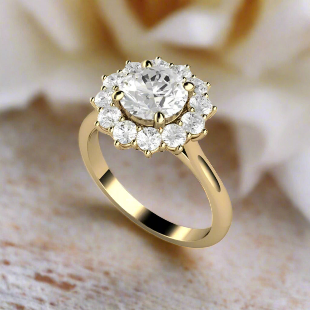 Vintage Style Moissanite Engagement Ring with 7mm Round Forever One Moissanite in a Floral Halo Design | Rare Earth Jewelry