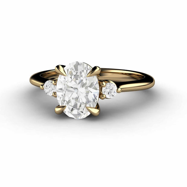 1 Carat Oval Lab Created Diamond Engagement Ring Three Stone Style in Yellow Gold