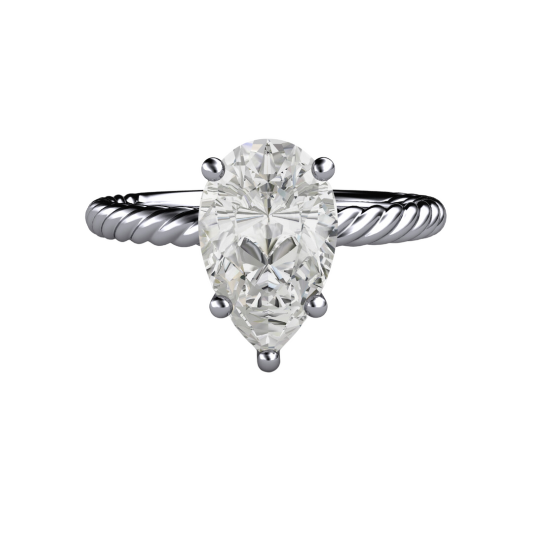 1.5ct pear-cut engagement ring in platinum with a twisted band, and an eco-friendly, lab-created diamond