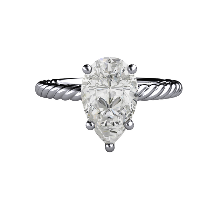 1.5ct pear-cut engagement ring in platinum with a twisted band, and an eco-friendly, lab-created diamond