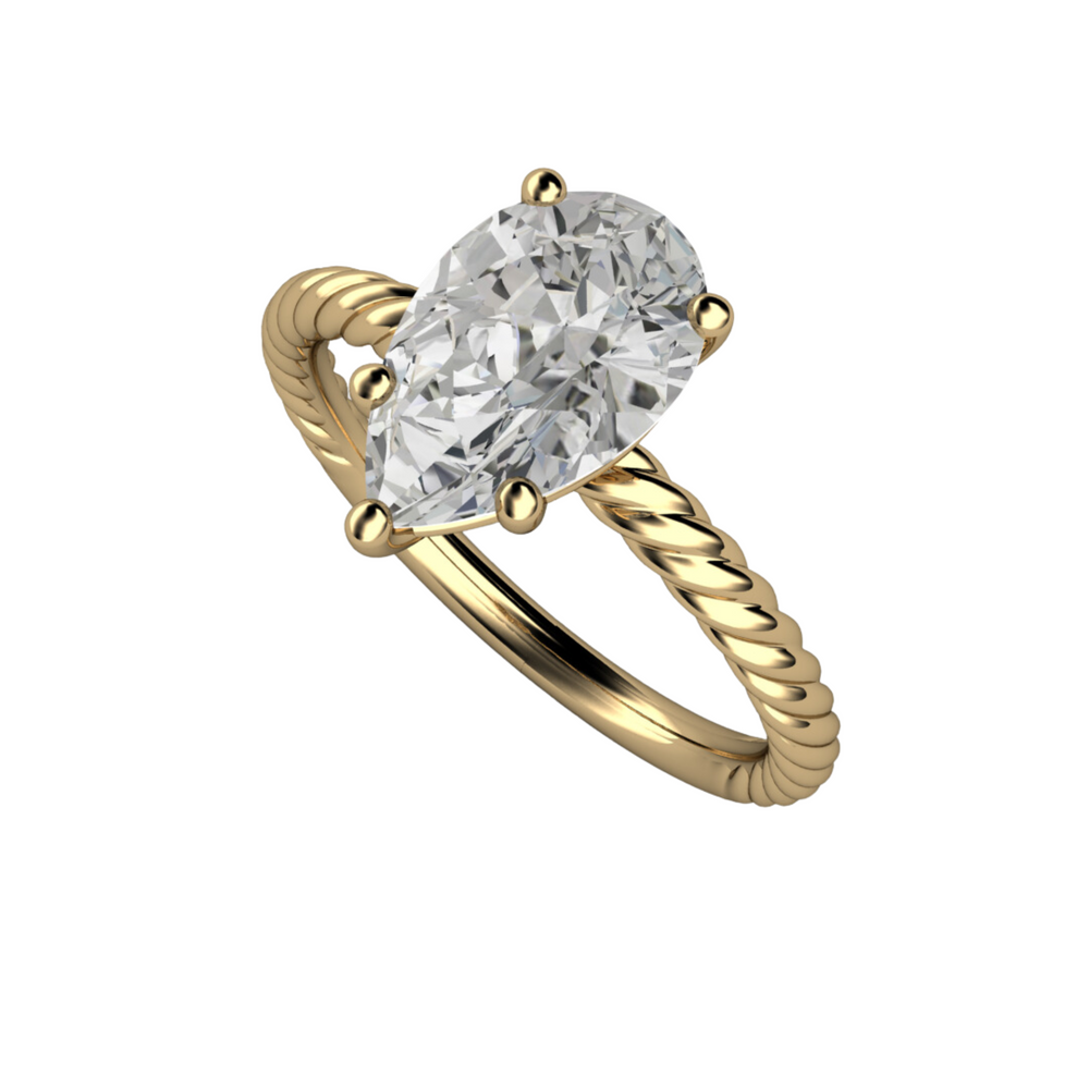 1.5ct Pear Cut Lab Grown Diamond Engagement Ring in Yellow Gold Solitaire Setting with Twisted Rope Band and IGI Certificate from Rare Earth Jewelry.