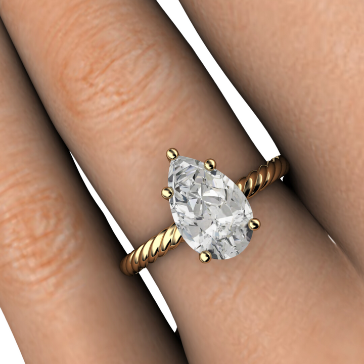 Close-up of Pear Cut Lab Grown Diamond Ring on the Hand, IGI Certified Diamond Engagement Ring