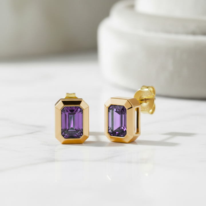 14K Gold Amethyst Earrings, Natural Purple Gemstone Studs in Modern Minimalist Design | February Birthday Gift Idea | Rare Earth Jewelry