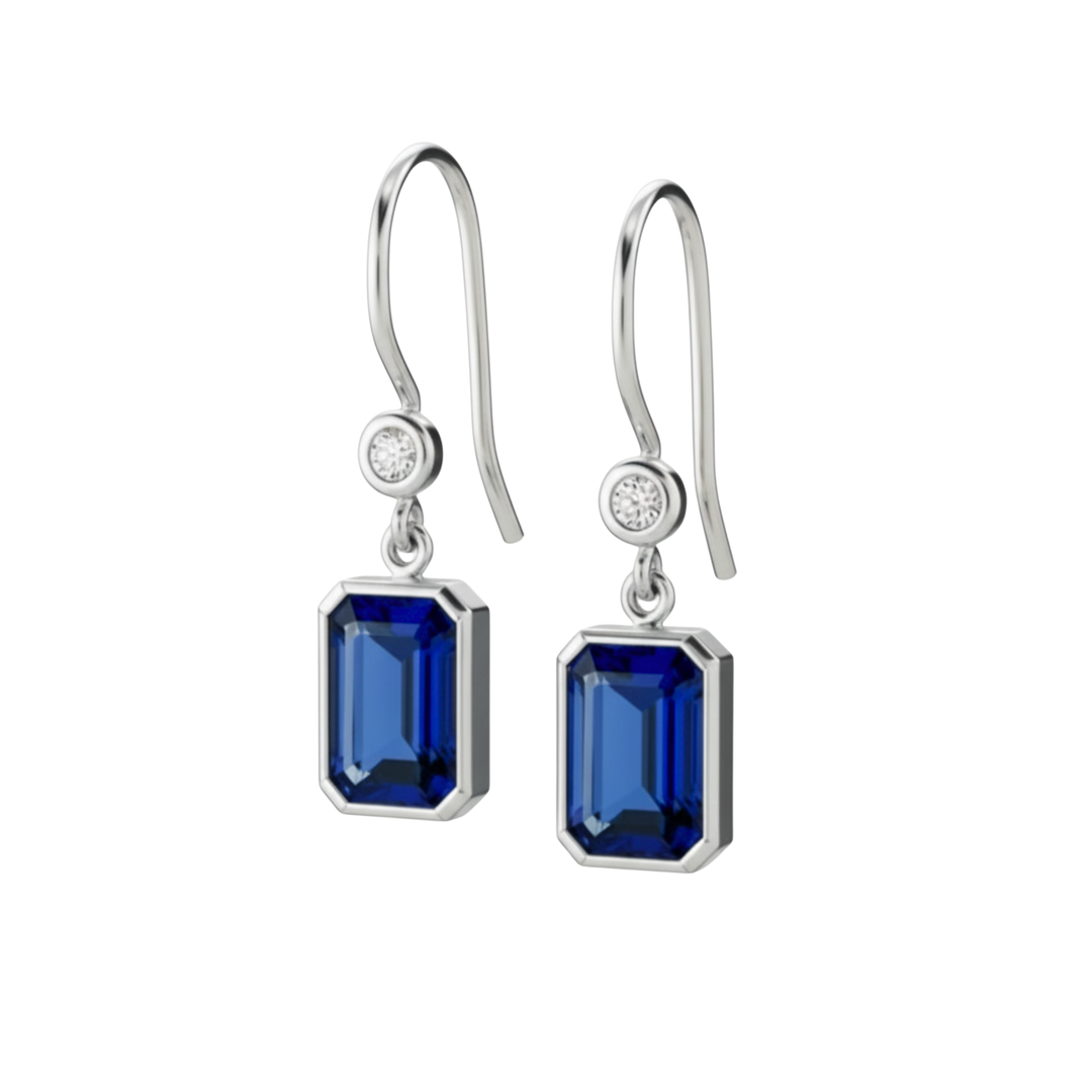 Sapphire and Diamond Earrings with Emerald Cut Lab Grown Blue Sapphires Bezel Set in 14K White Gold, September Birthday Gift | Rare Earth Jewelry