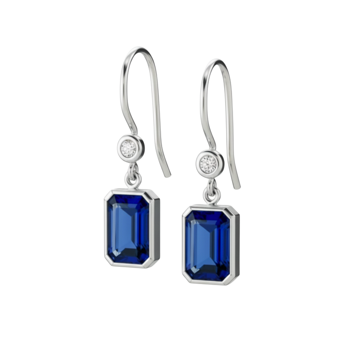 Sapphire and Diamond Earrings with Emerald Cut Lab Grown Blue Sapphires Bezel Set in 14K White Gold, September Birthday Gift | Rare Earth Jewelry