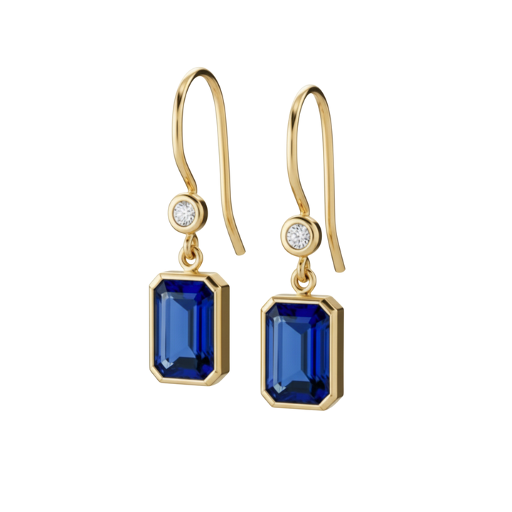 Blue Sapphire and Diamond Earrings, Bezel Set Drops with Emerald Cut Blue Sapphire Dangles in 14K Yellow Gold, September Birthstone Jewelry | Rare Earth Jewelry