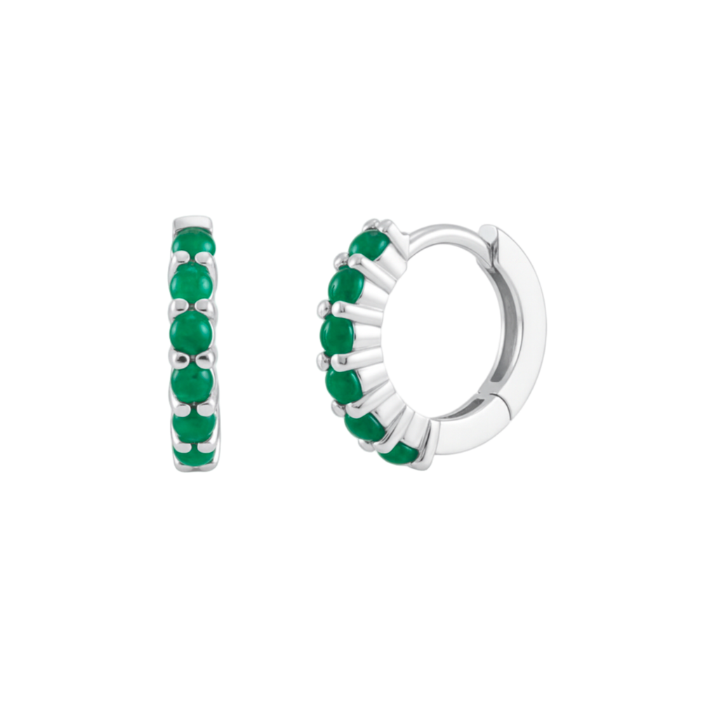 Natural emerald cabochon huggie earrings in 14K white gold, 12mm mini emerald hoops with prong-set cabochons | Rare Earth Jewelry