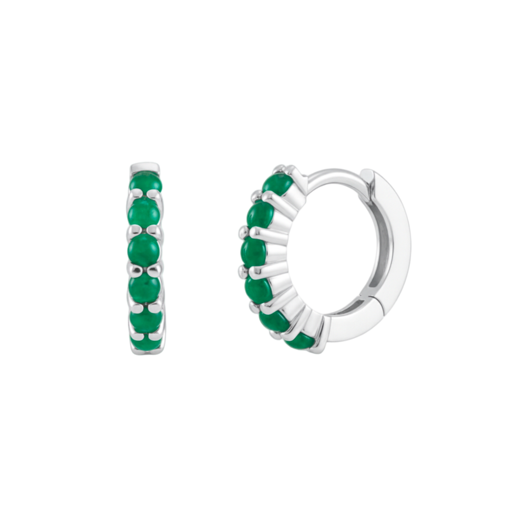 Natural emerald cabochon huggie earrings in 14K white gold, 12mm mini emerald hoops with prong-set cabochons | Rare Earth Jewelry