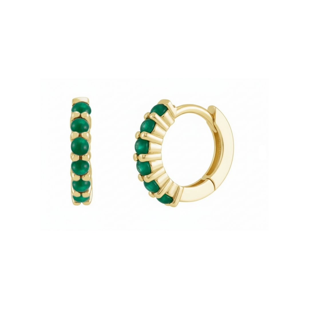 Natural emerald cabochon hoop earrings in 14K yellow gold, small 12mm emerald huggie hoops, prong set cabochon emerald earrings | Rare Earth Jewelry