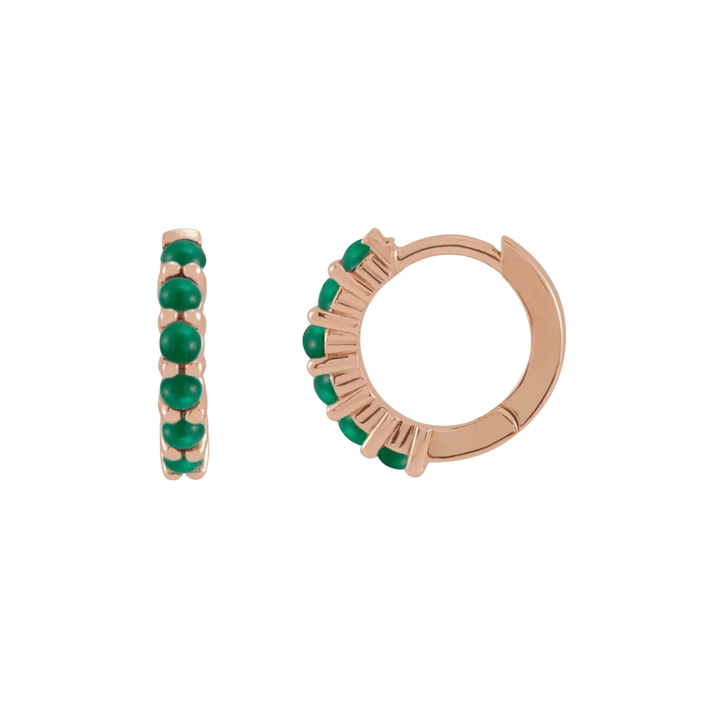14K rose gold natural emerald cabochon hoop earrings, small 12mm emerald huggies with prong-set green gemstones | Rare Earth Jewelry