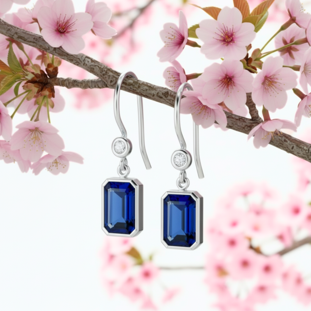 Blue Sapphire Dangle Earrings in 14K White Gold Bezel Settings with Diamond Accents, Emerald Cut Gemstone Earrings with Modern Design | Rare Earth Jewelry