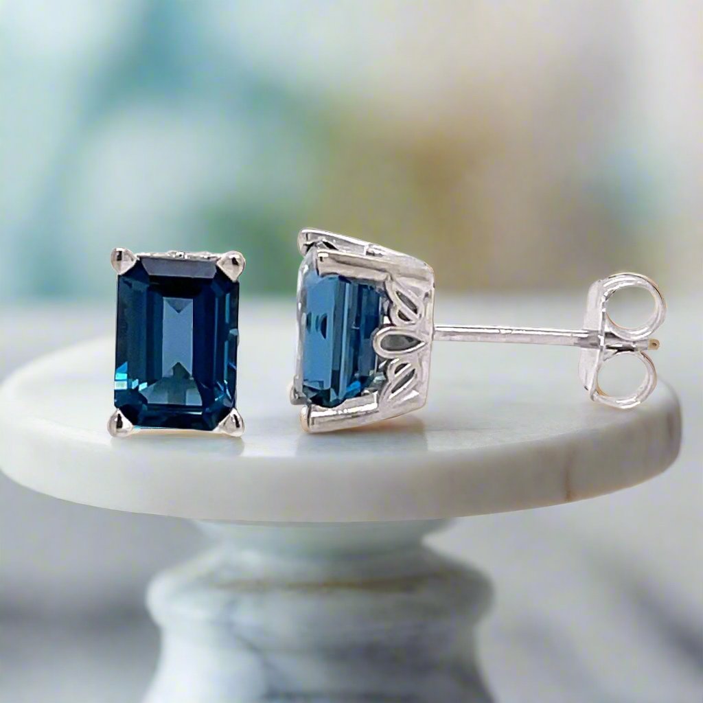 14K Gold London Blue Topaz Stud Earrings, Emerald Cut Studs, Filigree Settings. December Birthday Gift.