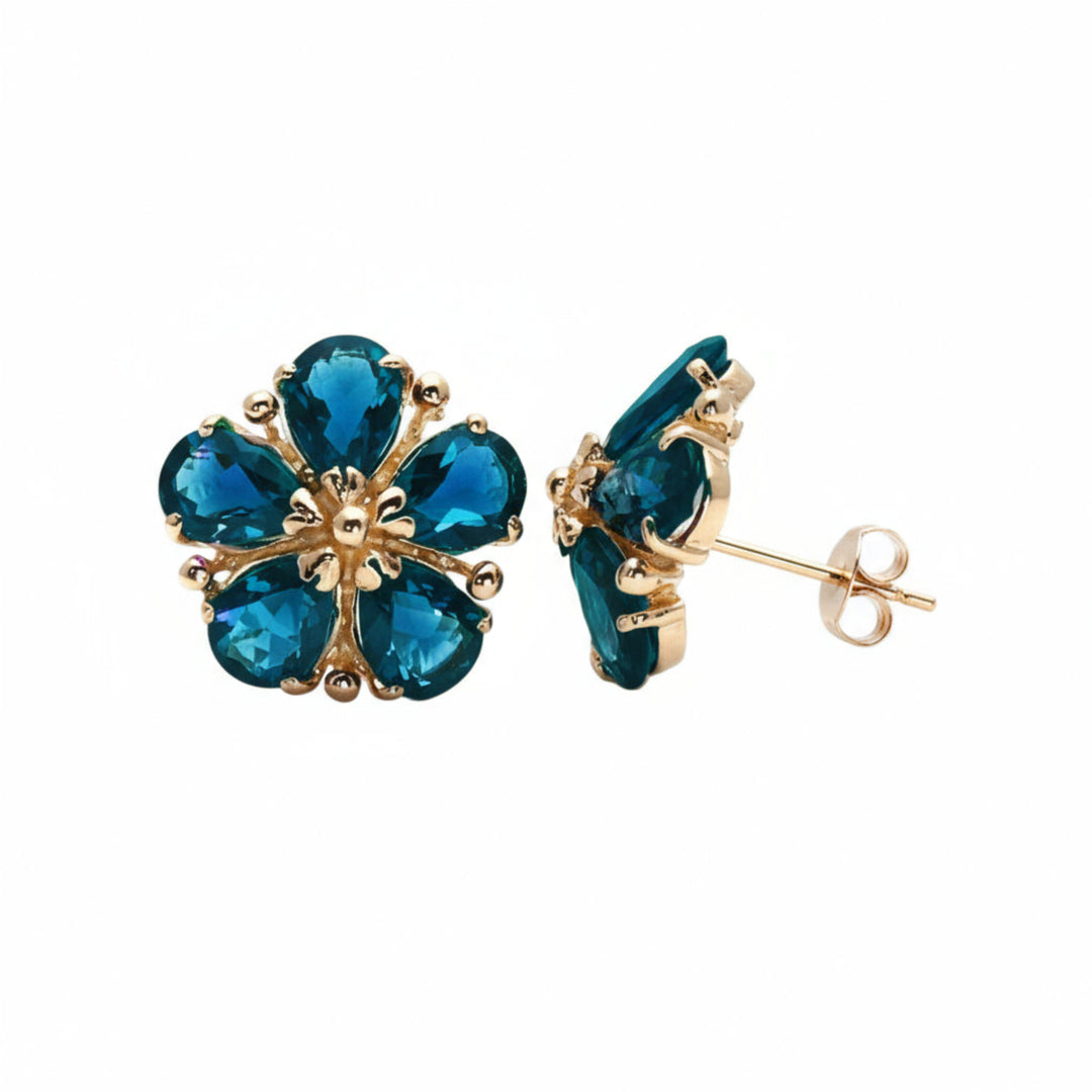 14K London Blue Topaz Earrings, Natural Gemstone Flower Shaped Earrings, December Birthstone | Rare Earth Jewelry