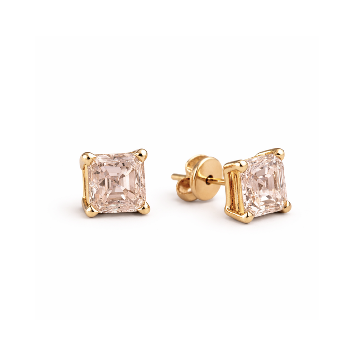 Asscher Cut Pink Morganite Stud Earrings in 14K Yellow Gold Square Morganite Earrings | Rare Earth Jewelry