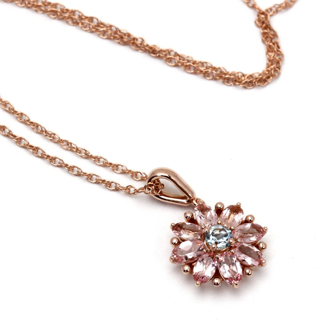 A 14K Natural Pink Tourmaline Necklace featuring a Floral Design Pendant with an Aquamarine center. Perfect Bride or Bridesmaid Gift