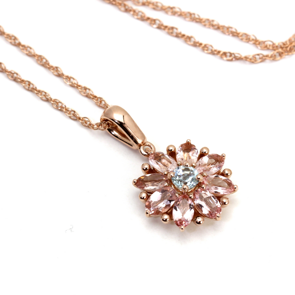 A 14K Rose Gold Flower Shaped Pendant with Natural Pink Tourmaline and Aquamarine Gemstones. Bridal Jewelry