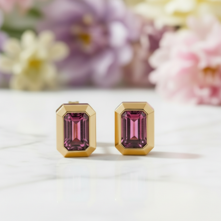 Emerald Cut Rhodolite Garnet Earrings in 14K Gold, Natural Raspberry Red Garnet in a modern bezel setting. January birthstone Jewelry | Rare Earth Jewelry
