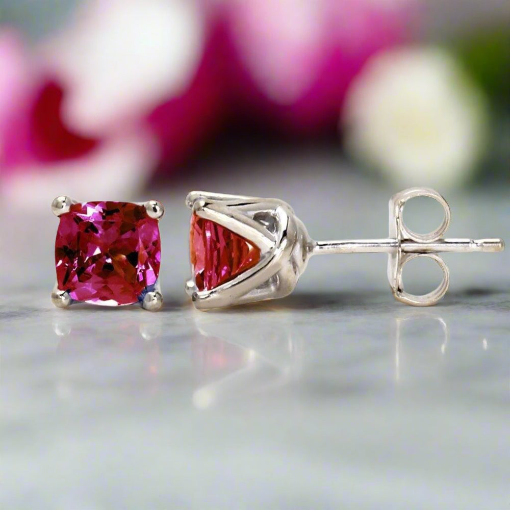 14K Ruby Stud Earrings in Gold Woven Prong Settings, Cushion Cut Lab Grown Ruby Studs, July Birthstone