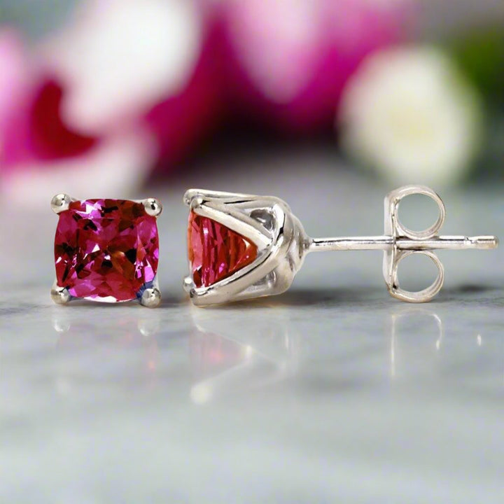 14K Ruby Stud Earrings in Gold Woven Prong Settings, Cushion Cut Lab Grown Ruby Studs, July Birthstone