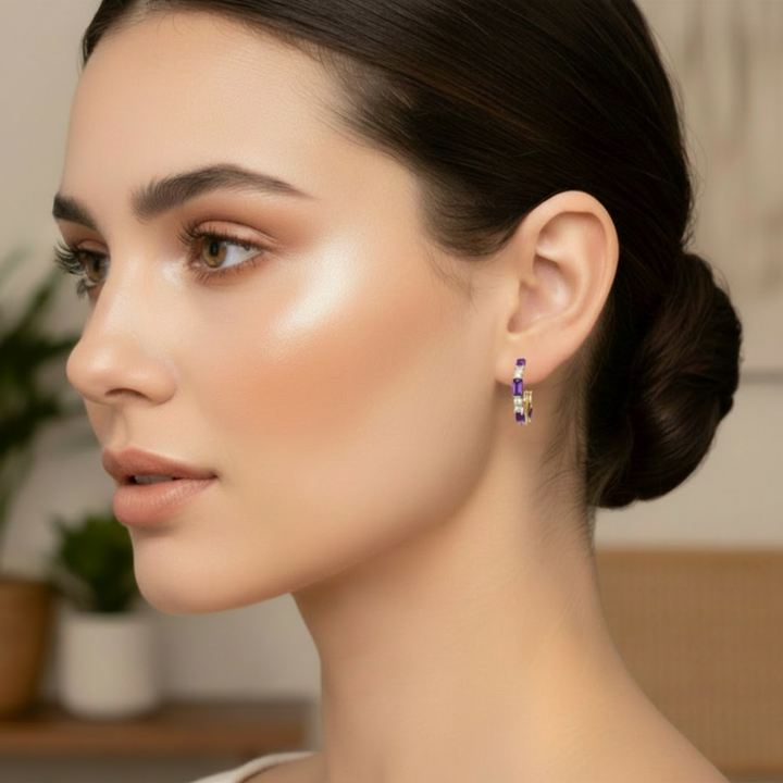 14K Gold Amethyst Diamond Hoop Earrings shown on a the ear, February Birthstone Earrings | Rare Earth Jewelry