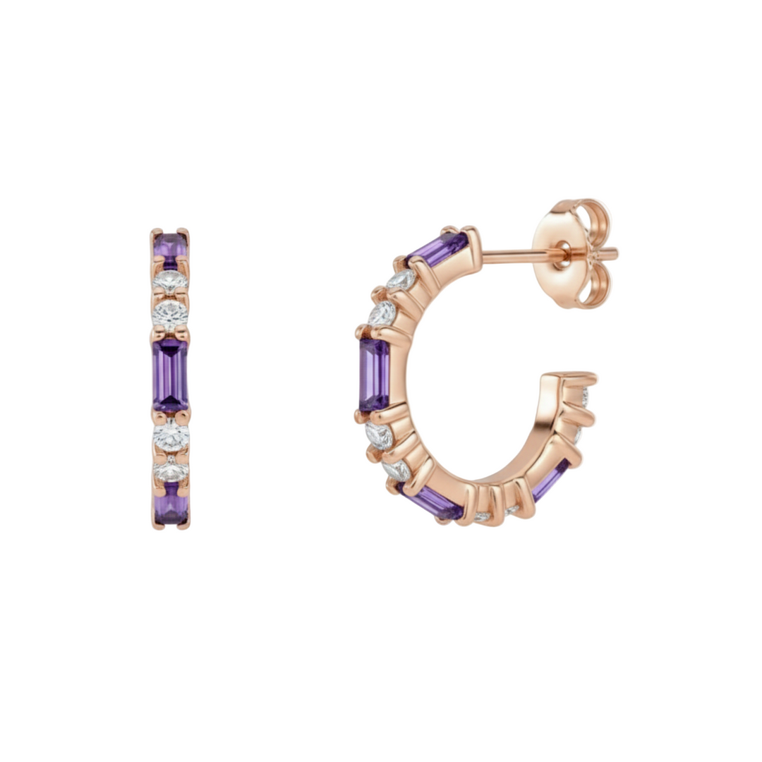 14K Amethyst Earrings with Diamonds, Purple Gemstone Hoops, Rose Gold Amethyst Hoops with Baguettes and Round Diamonds, February Birthday Gift | Rare Earth Jewelry