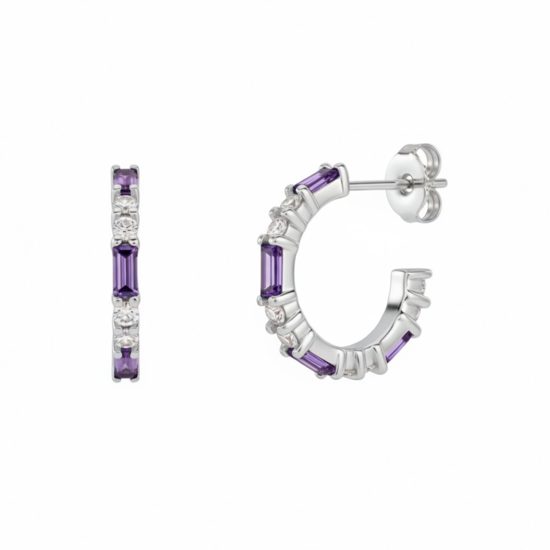 Amethyst and diamond earrings, 14K purple gemstone hoop earrings with alternating baguettes and round diamonds, February Birthstone Earrings | Rare Earth Jewelry