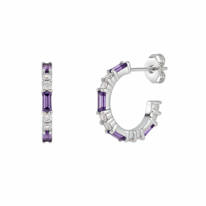 Amethyst and diamond earrings, 14K purple gemstone hoop earrings with alternating baguettes and round diamonds, February Birthstone Earrings | Rare Earth Jewelry
