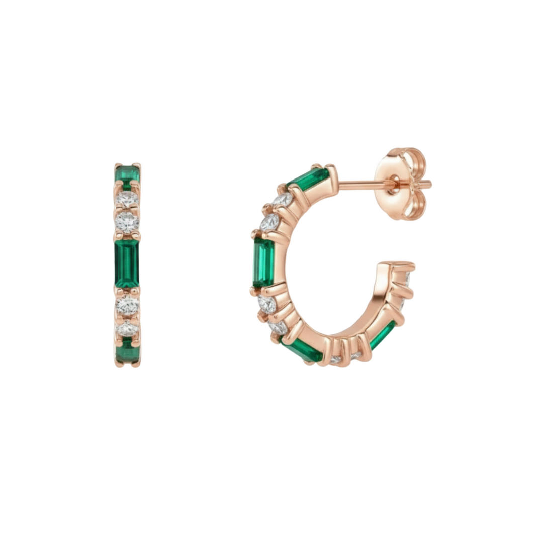 14K Rose Gold Emerald Earrings with Diamonds, Alternating Emerald and Diamond Hoop Earrings, Green gemstone earrings, May Birthstone Hoops | Rare Earth Jewelry