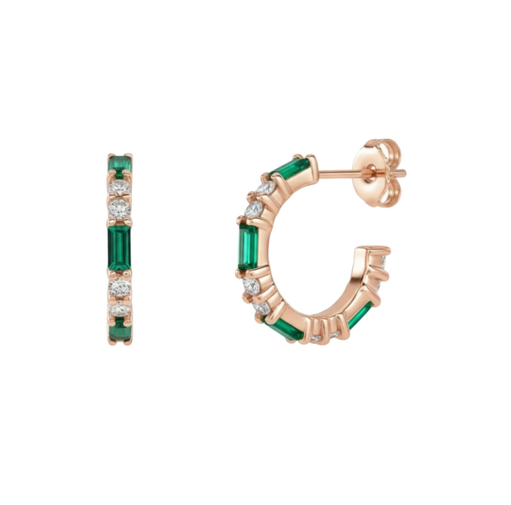 14K Rose Gold Emerald Earrings with Diamonds, Alternating Emerald and Diamond Hoop Earrings, Green gemstone earrings, May Birthstone Hoops | Rare Earth Jewelry