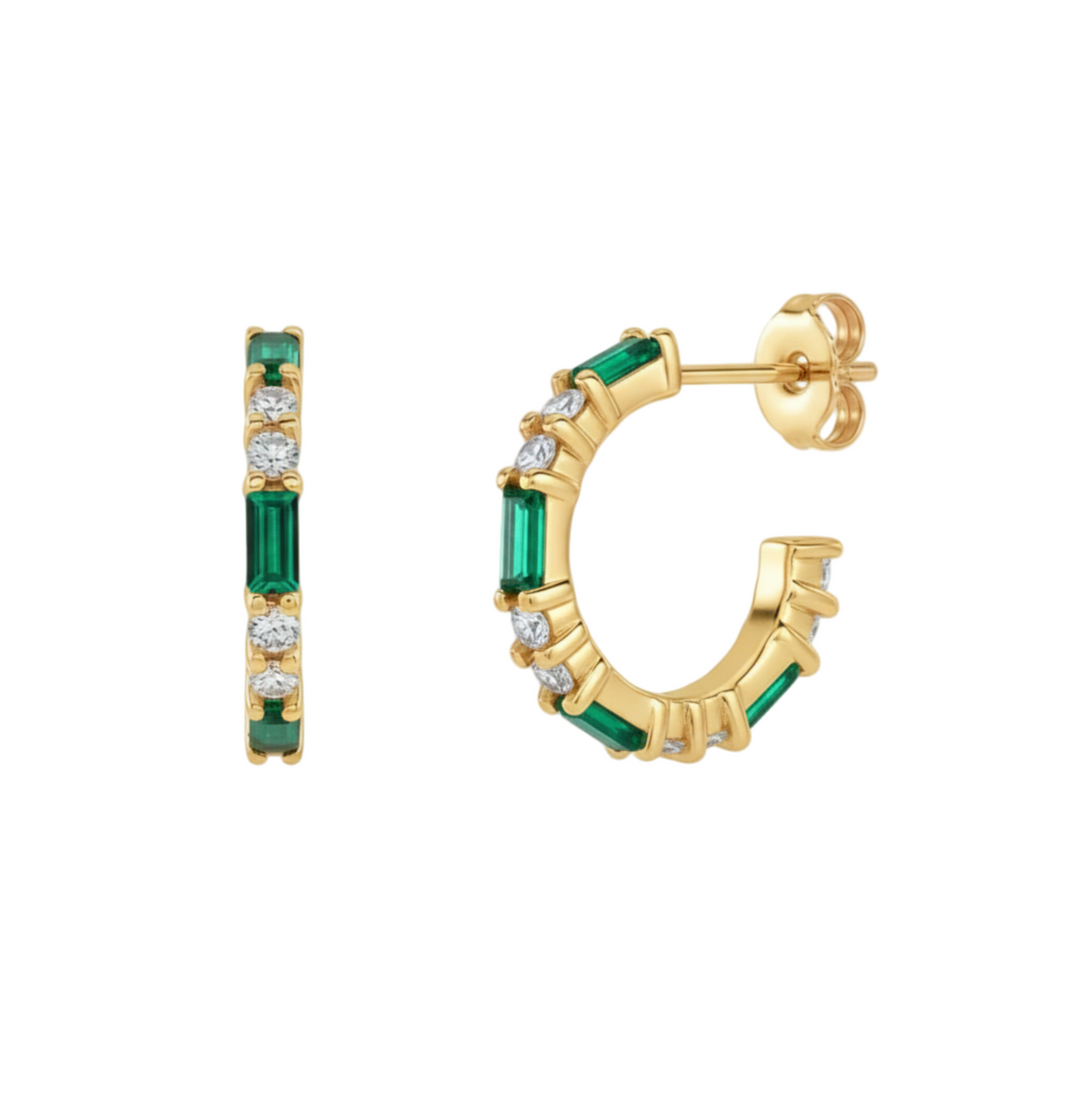 14K Gold Emerald and Diamond Hoop Earrings with Alternating Baguette Cut Emeralds and Round Diamonds, Green Gemstone Hoops, May Birthstone Earrings | Rare Earth Jewelry
