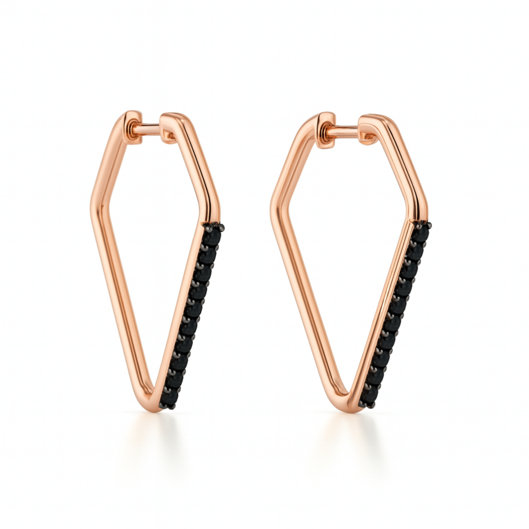 14K rose gold geometric black diamond hoop earrings, minimalist huggie hoops with natural black diamonds and unique pointed design | Rare Earth Jewelry