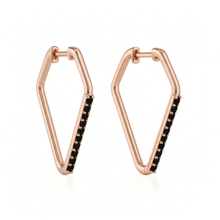 Modern 14K rose gold black diamond earrings, huggie style hoops with geometric V-shape design, 30mm hoop earrings | Rare Earth Jewelry