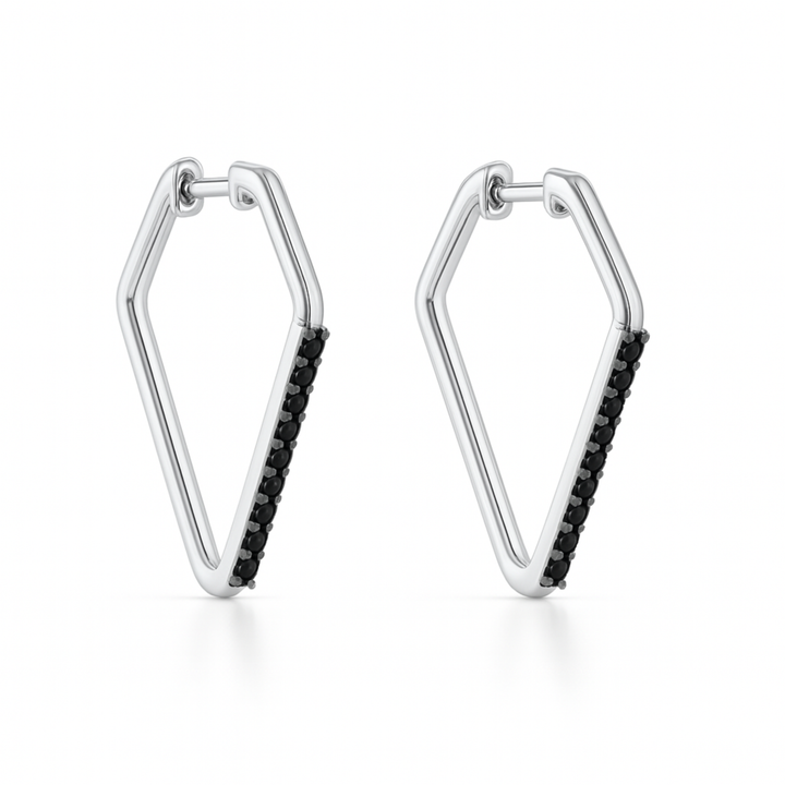 14K white gold hoop earrings with natural black diamonds and geometric design, contemporary minimalist huggie hoops | Rare Earth Jewelry