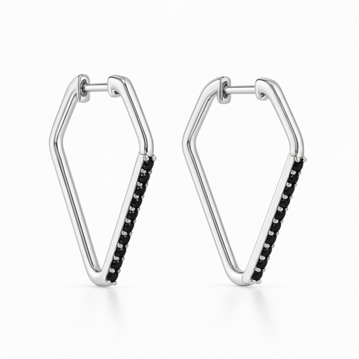 Modern 14K white gold black diamond hoop earrings, angular pointed geometric huggie earring design | Rare Earth Jewelry