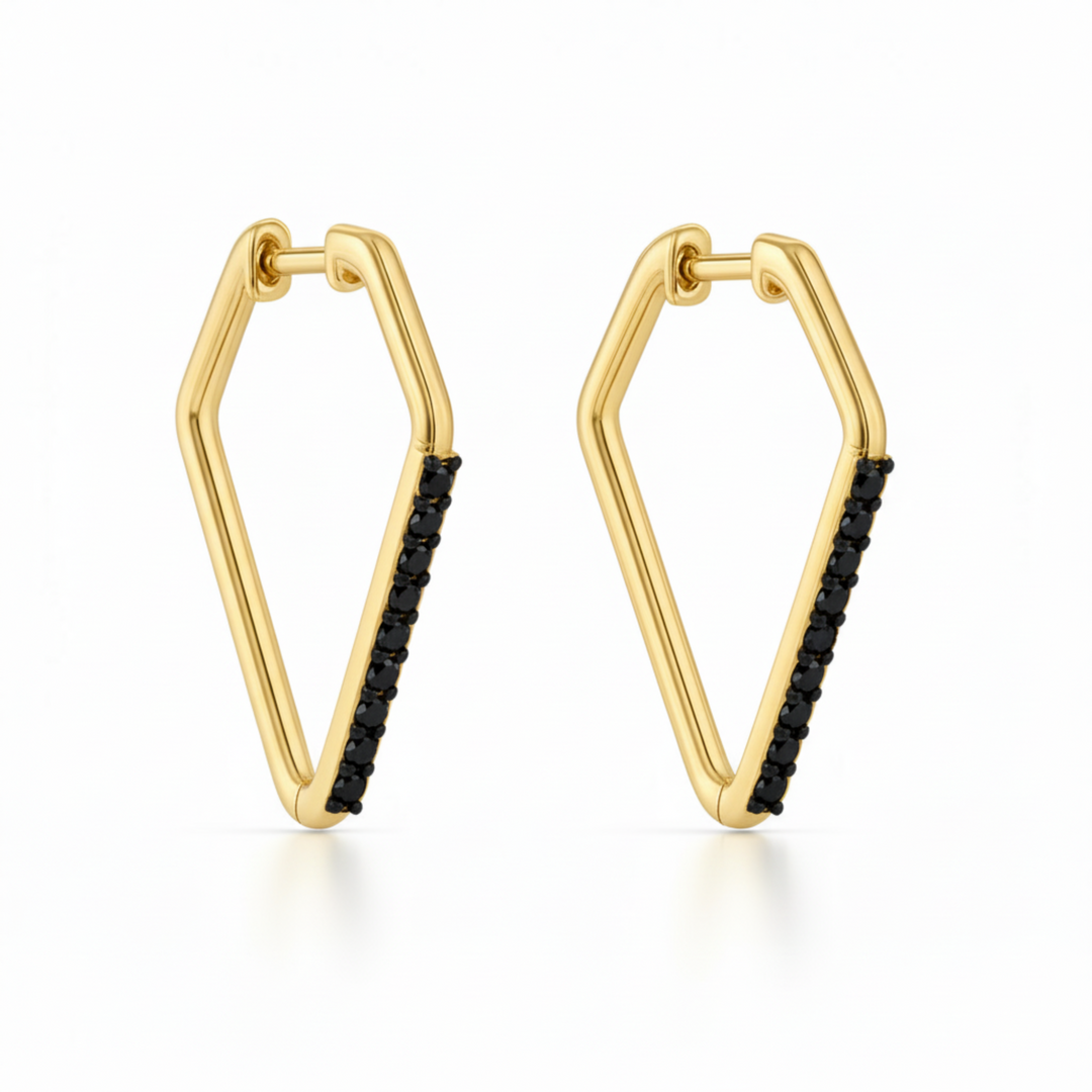 Modern 14K yellow gold geometric hoop earrings with black diamond bar and V shaped pointed design, minimalist style | Rare Earth Jewelry