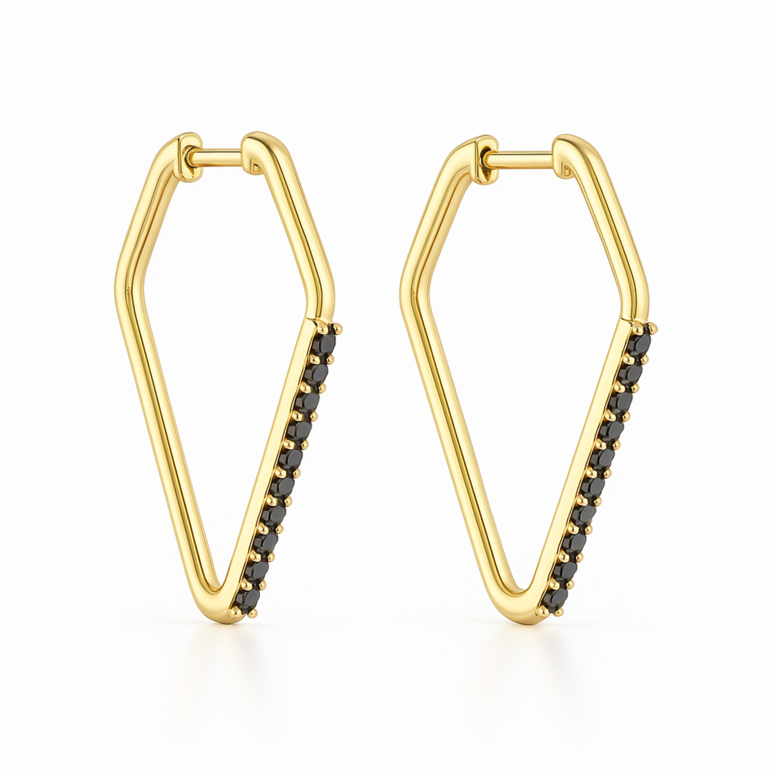 14K yellow gold geometric hoop earrings with natural black diamonds, modern minimalist black diamond huggies | Rare Earth Jewelry