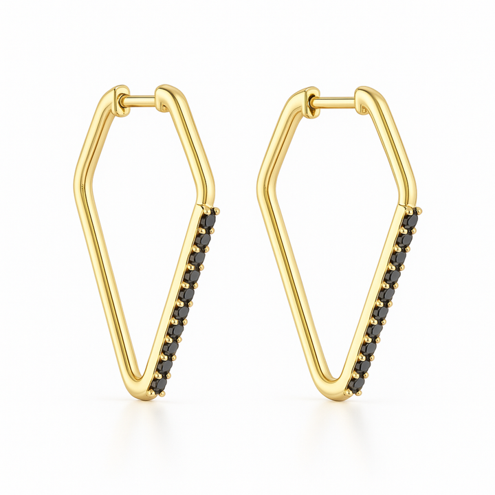 14K yellow gold geometric hoop earrings with natural black diamonds, modern minimalist black diamond huggies | Rare Earth Jewelry