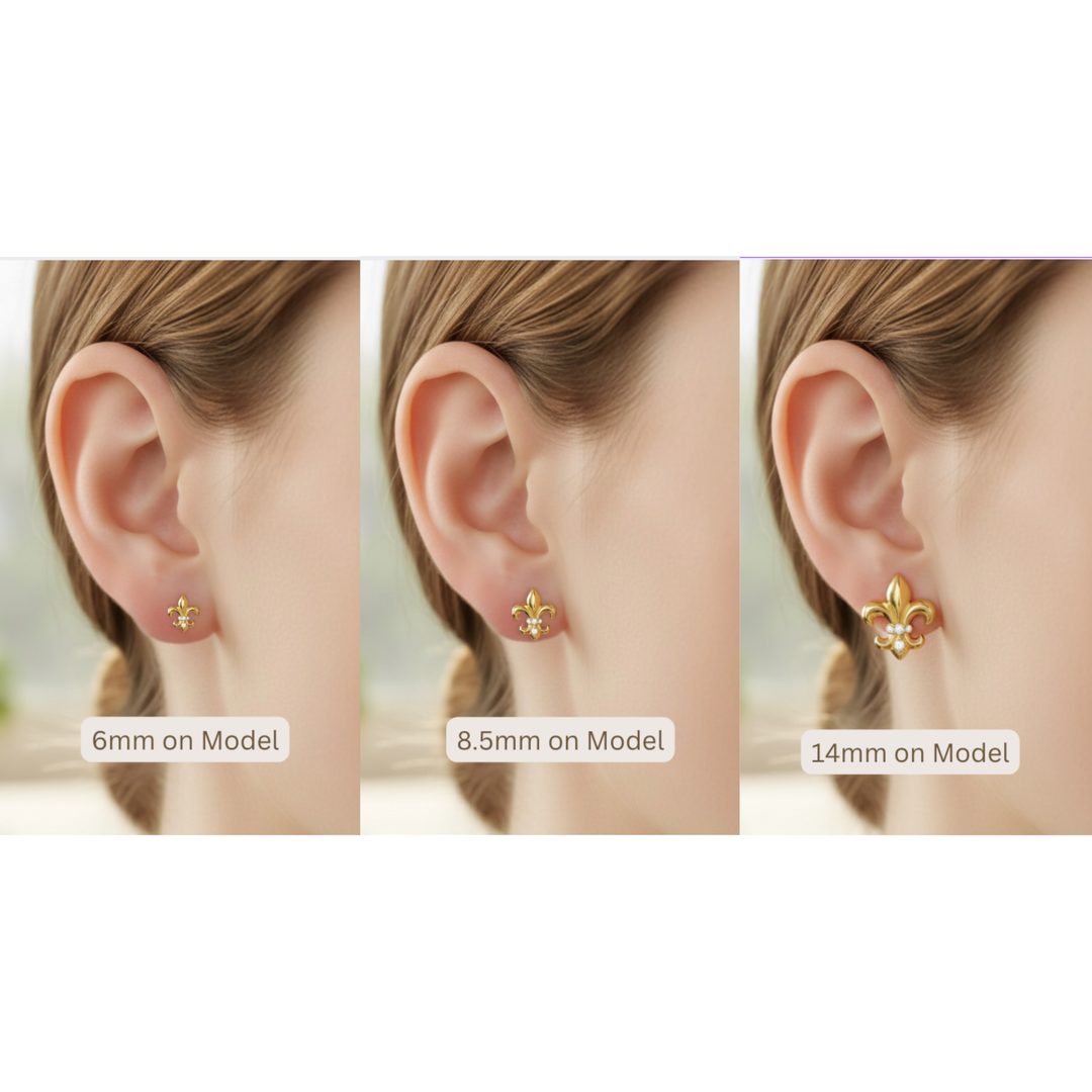 Fleur de lis diamond earrings size comparison on ear 6mm 8.5mm 14mm | Rare Earth Jewelry
