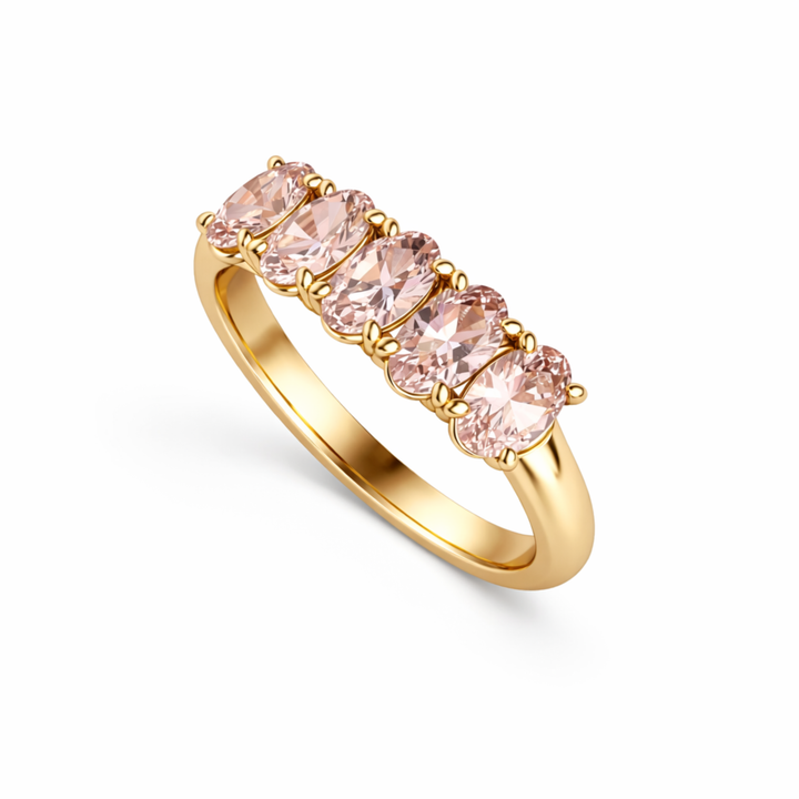 Oval Natural Tourmaline Ring in Yellow Gold with 5 Light Pink Gemstones | Rare Earth Jewelry