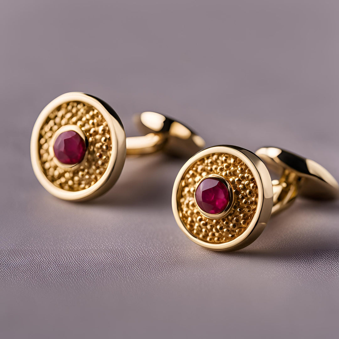 14K Gold Ruby cufflinks in a round modern design with granulation men's cuff links from Rare Earth Jewelry.